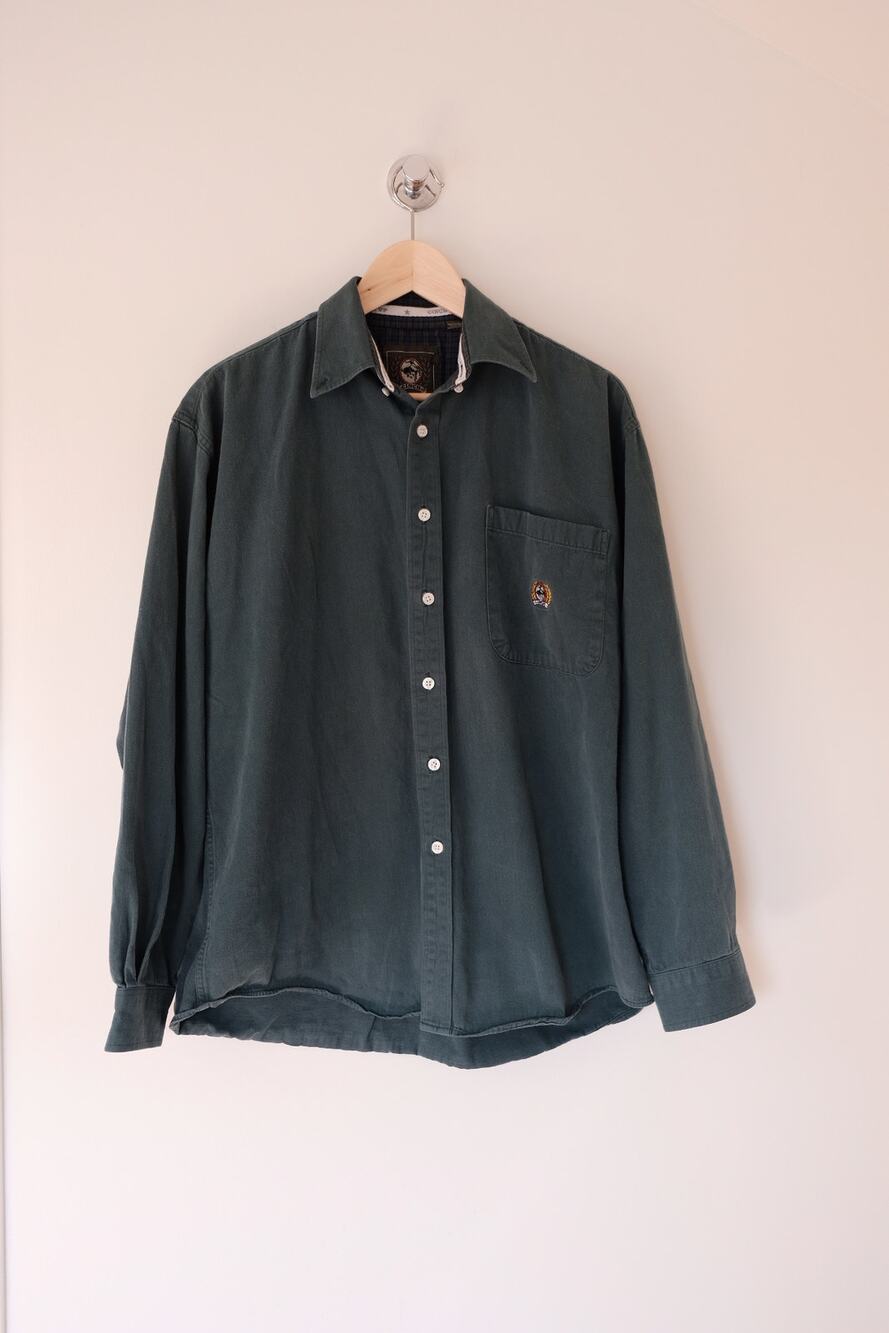 Cinch Western Men's M Solid Green Button Up Plaid Trim Logo Pocket Cabincore